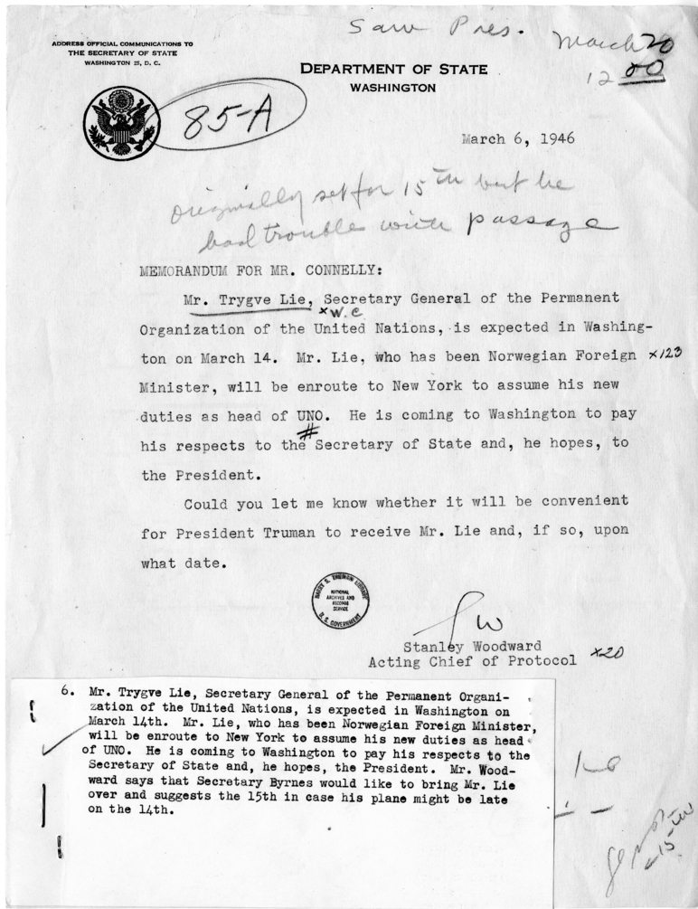 Memorandum, Stanley Woodward to Matthew J. Connelly