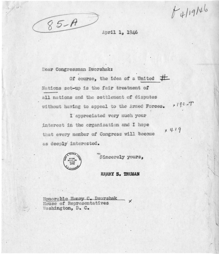 Correspondence Between Harry S. Truman and Henry C. Dworshak