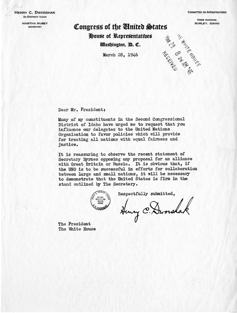 Correspondence Between Harry S. Truman and Henry C. Dworshak