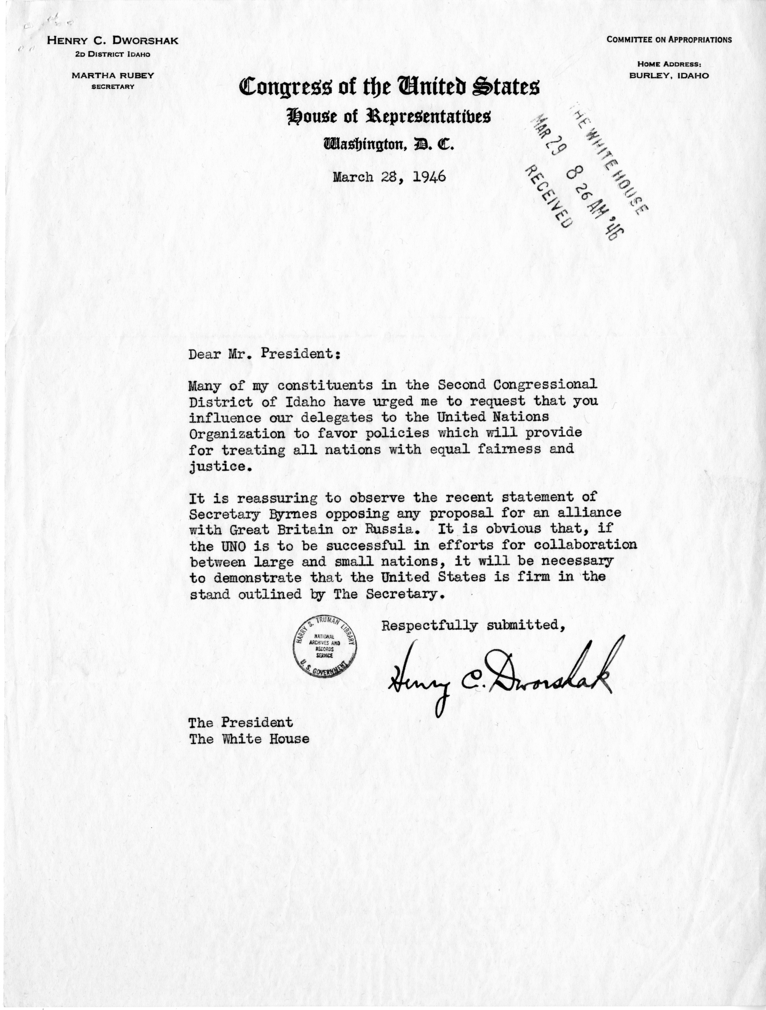 Correspondence Between Harry S. Truman and Henry C. Dworshak