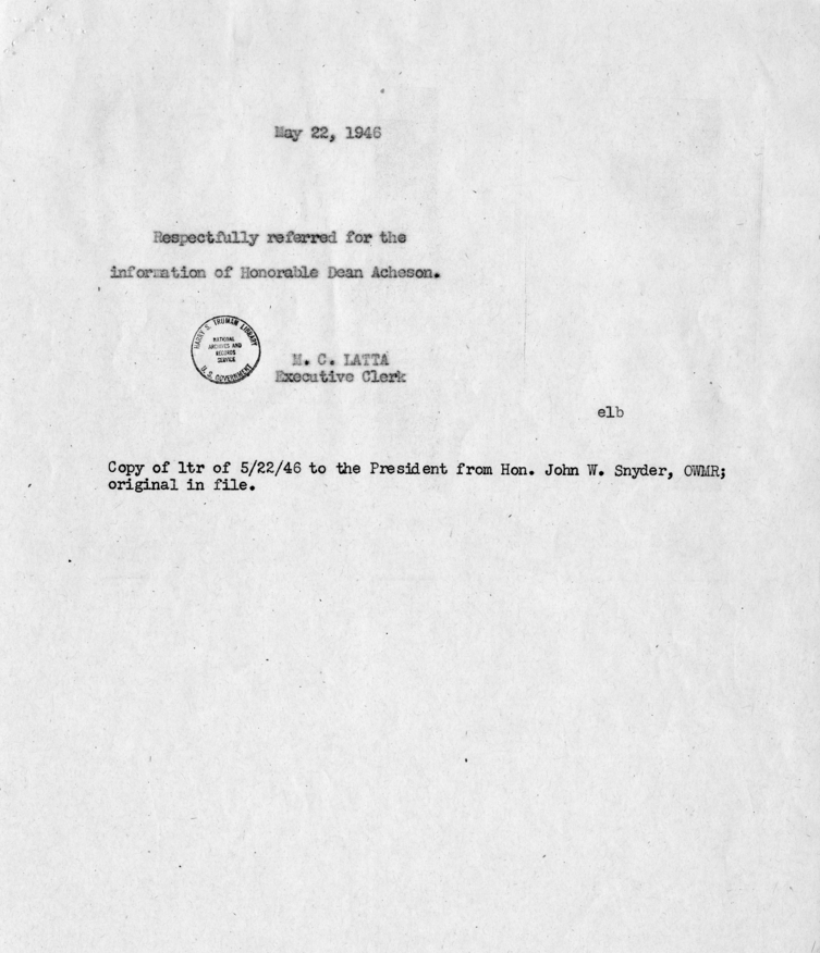 Correspondence Between President Harry S. Truman and John Snyder With Related Correspondence