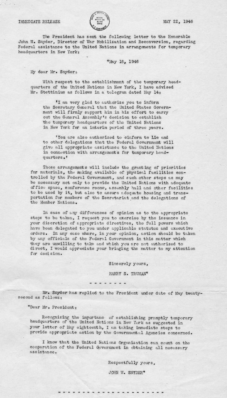 Correspondence Between President Harry S. Truman and John Snyder With Related Correspondence