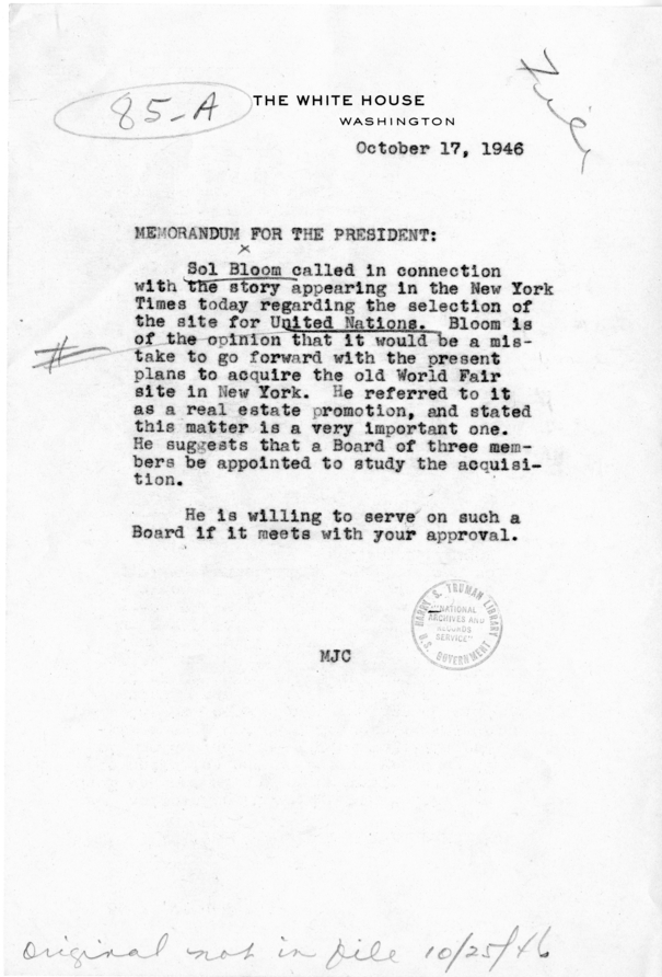 Memorandum, Matthew J. Connelly to Harry S. Truman