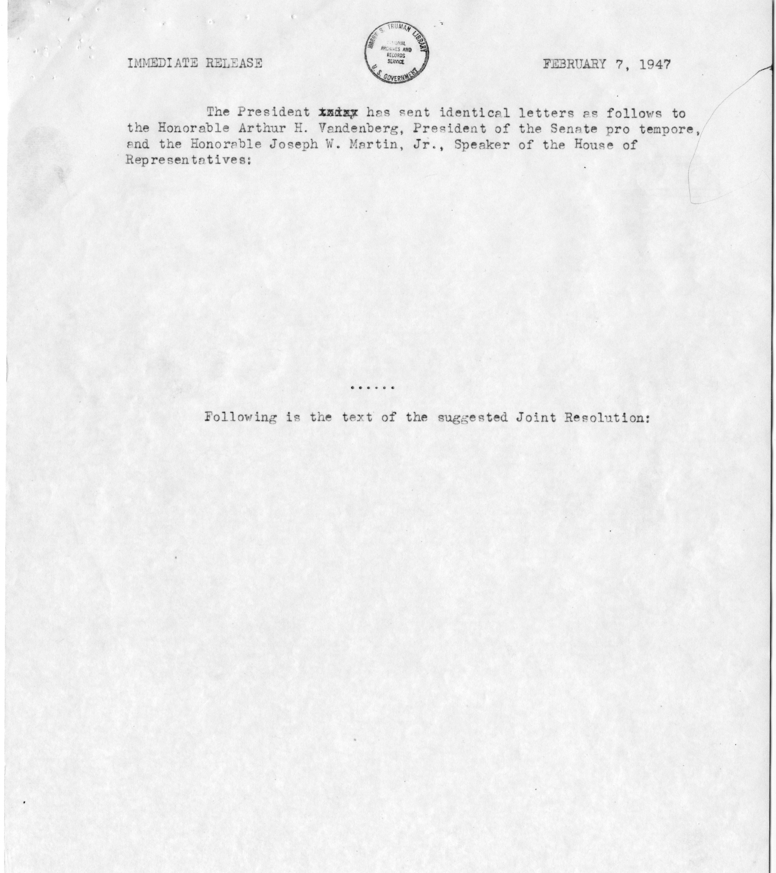 Harry S. Truman to Arthur Vandenberg with Atttachments and Related Correspondence