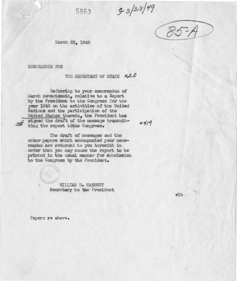 William D. Hassett to Dean Acheson, With Attached Memorandum and Report