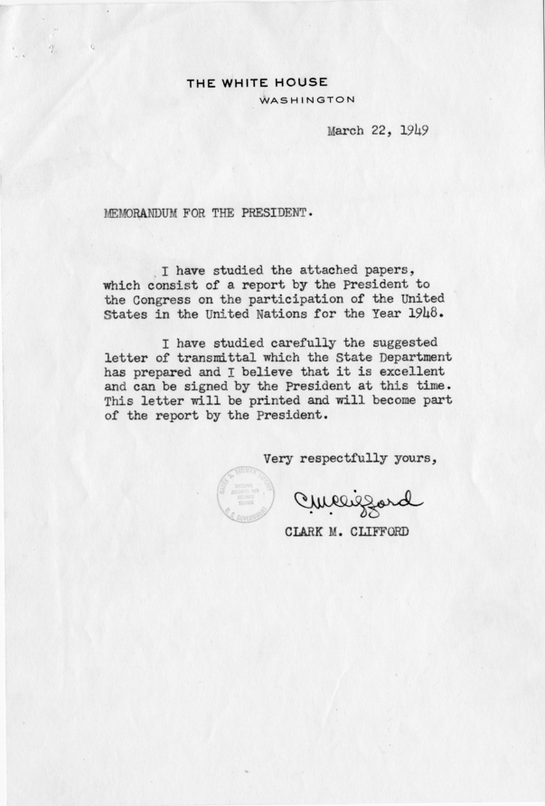 William D. Hassett to Dean Acheson, With Attached Memorandum and Report