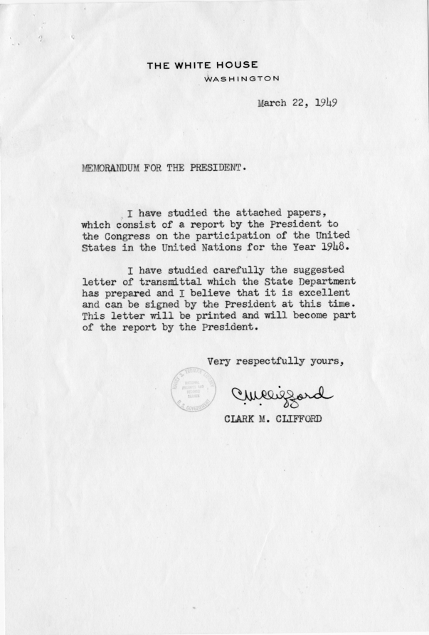 William D. Hassett to Dean Acheson, With Attached Memorandum and Report