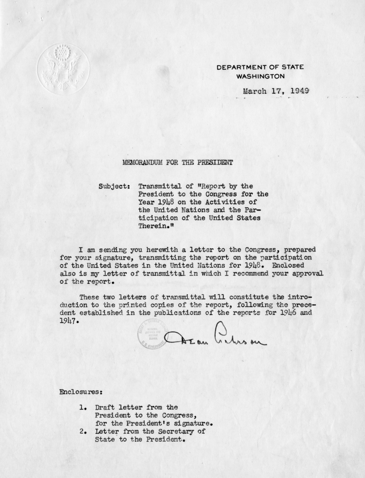 William D. Hassett to Dean Acheson, With Attached Memorandum and Report