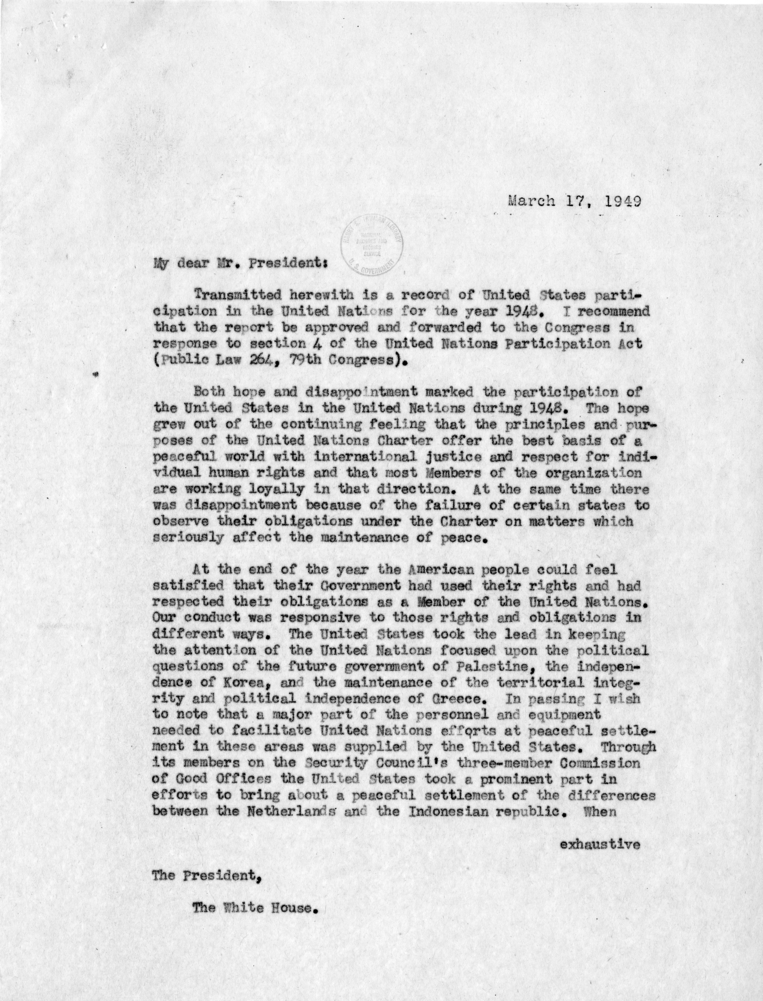 William D. Hassett to Dean Acheson, With Attached Memorandum and Report