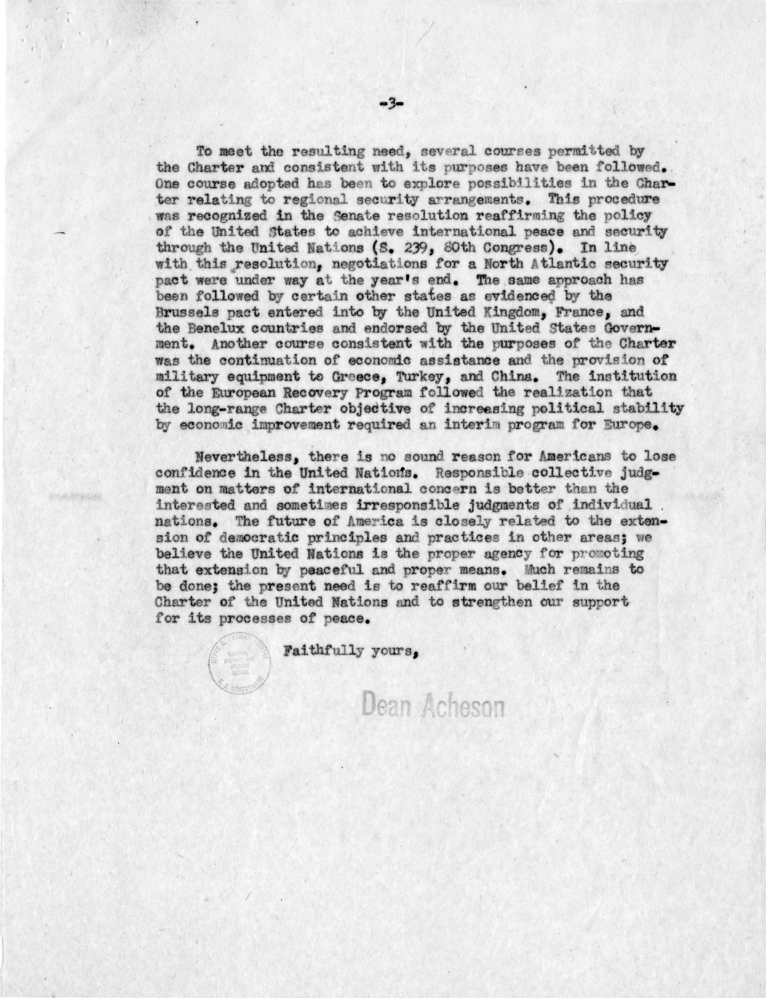 William D. Hassett to Dean Acheson, With Attached Memorandum and Report