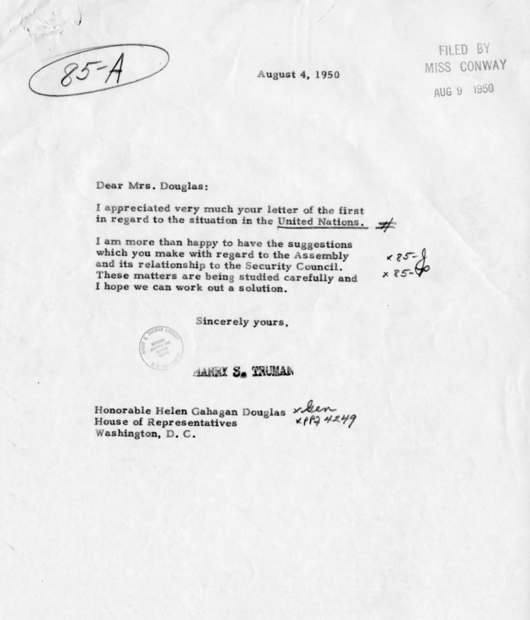 Correspondence Between Helen Gahagan Douglas and Harry S. Truman