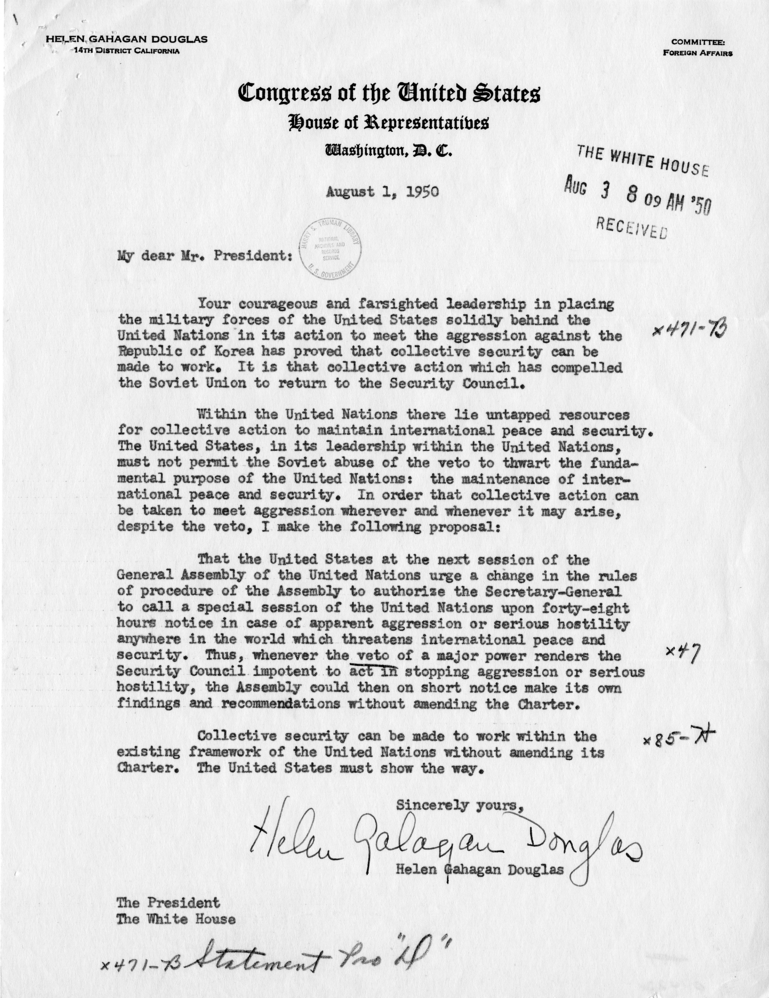 Correspondence Between Helen Gahagan Douglas and Harry S. Truman