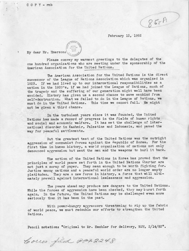 Letter from President Harry S. Truman to William Emerson