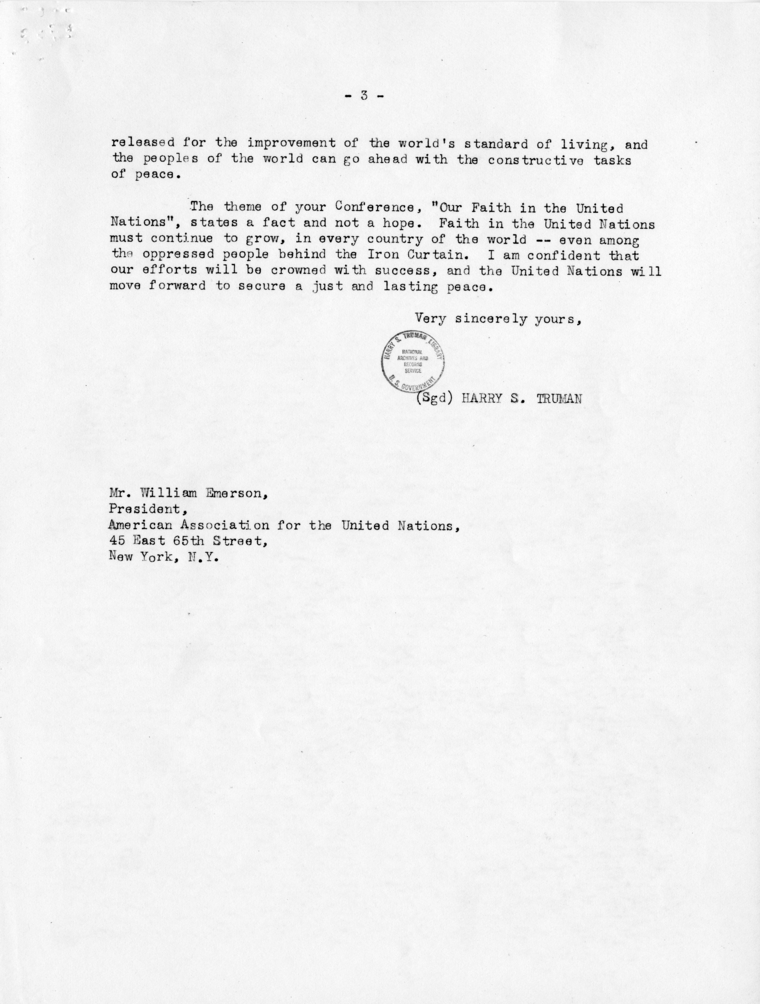 Letter from President Harry S. Truman to William Emerson