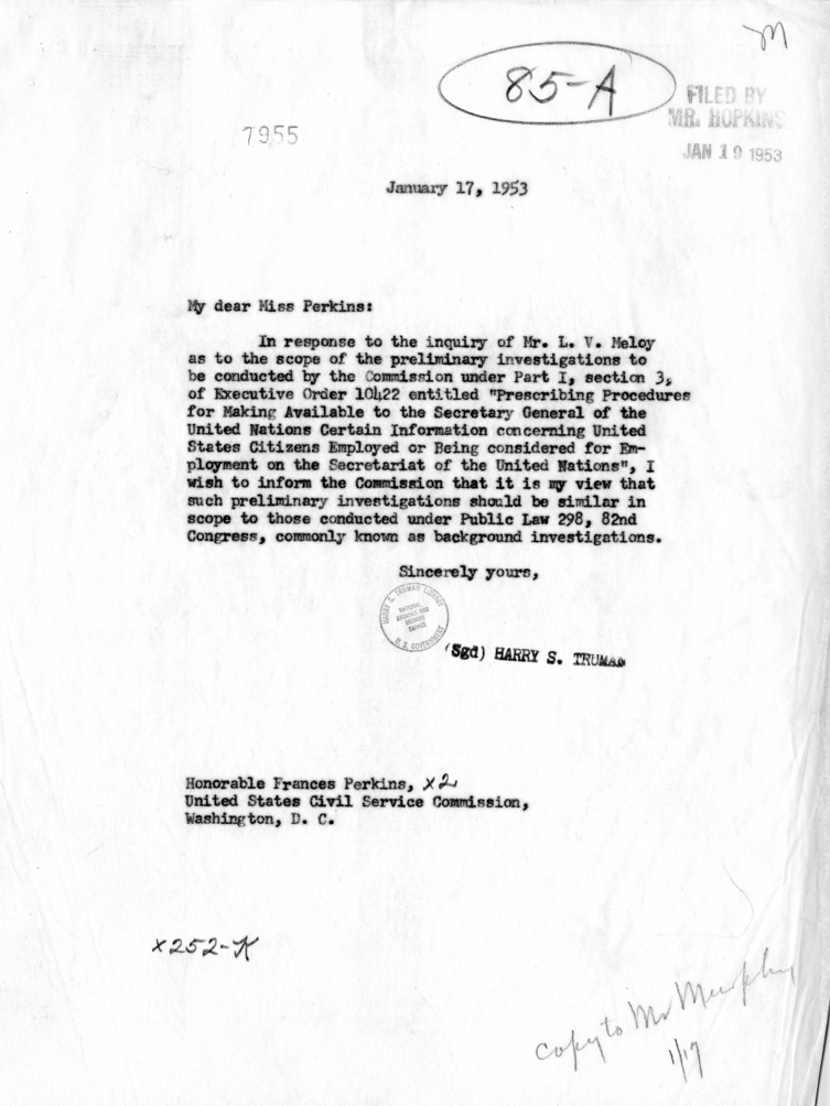 Letter from President Harry S. Truman to Frances Perkins With Related Material