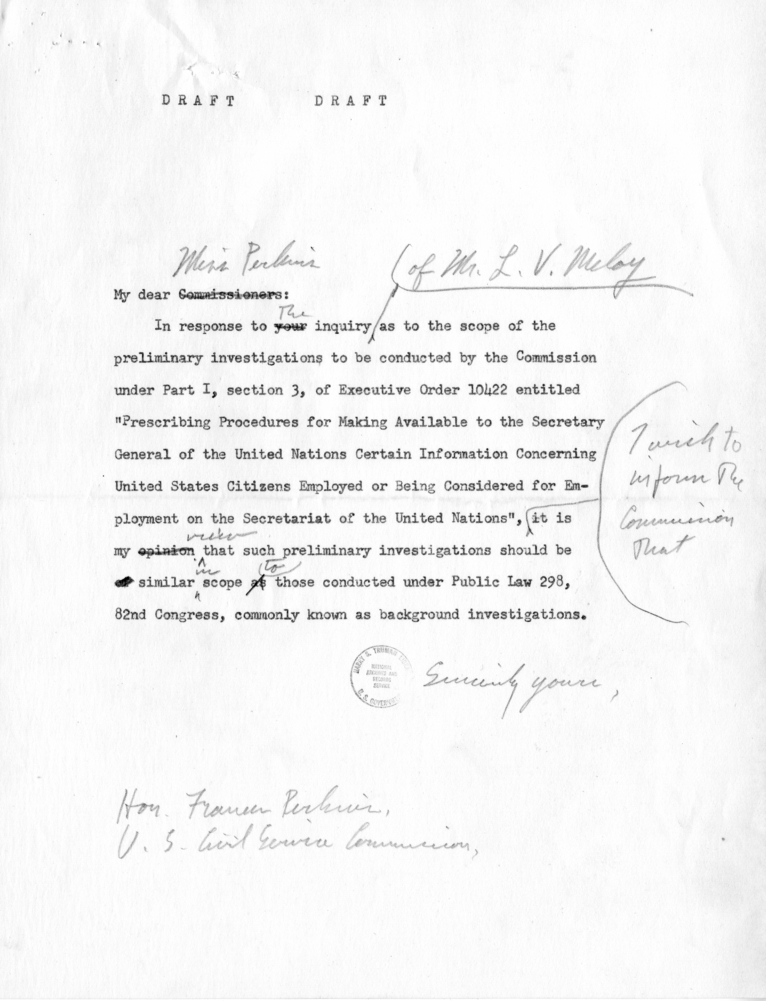 Letter from President Harry S. Truman to Frances Perkins With Related Material