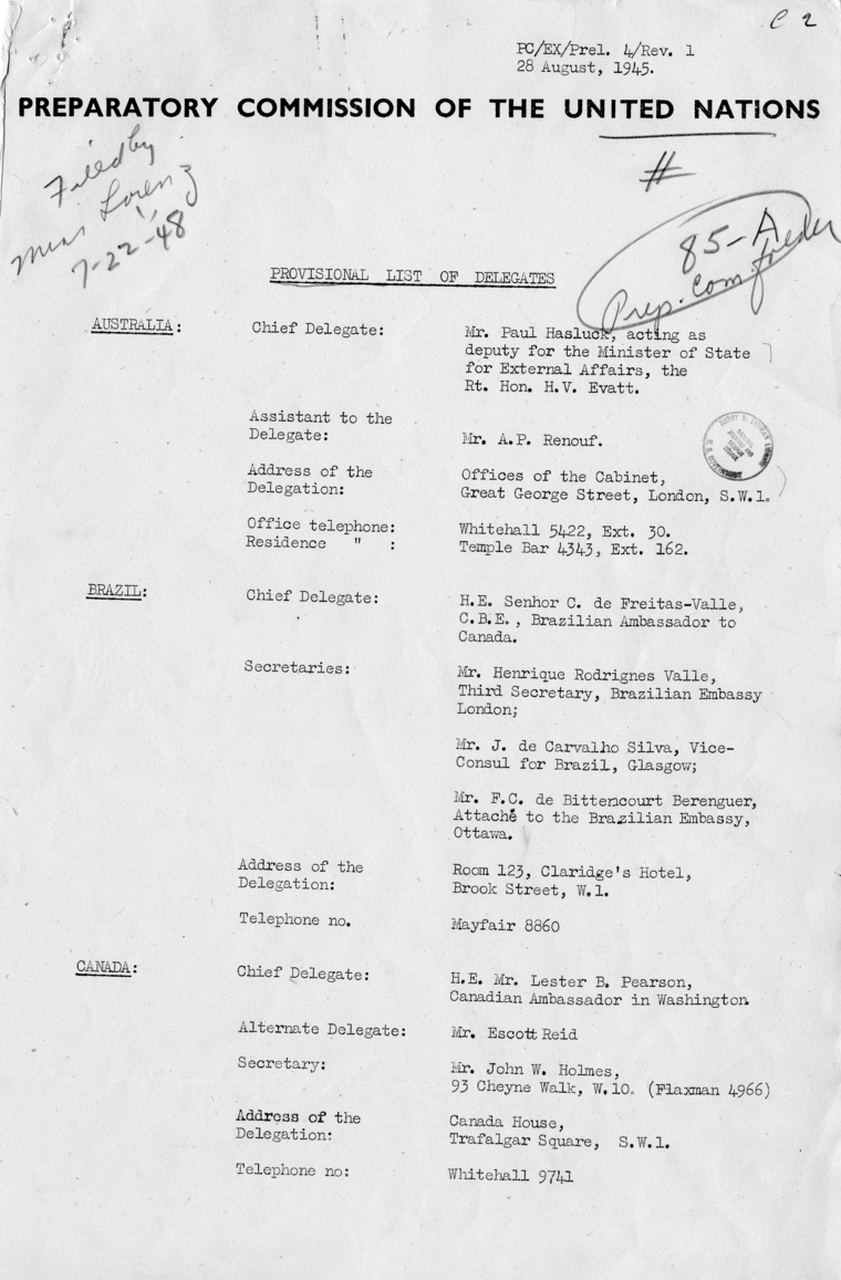 Preparatory Commission of the United Nations Provisional List of Delegates