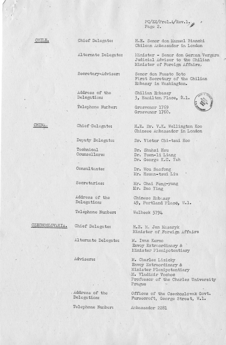 Preparatory Commission of the United Nations Provisional List of Delegates