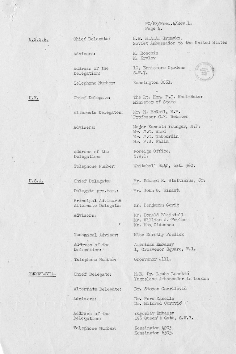 Preparatory Commission of the United Nations Provisional List of Delegates