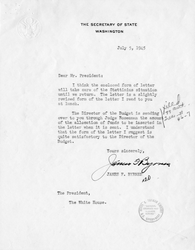 Letter from President Harry S. Truman to Edward Stettinius, Jr., With Related Correspondence