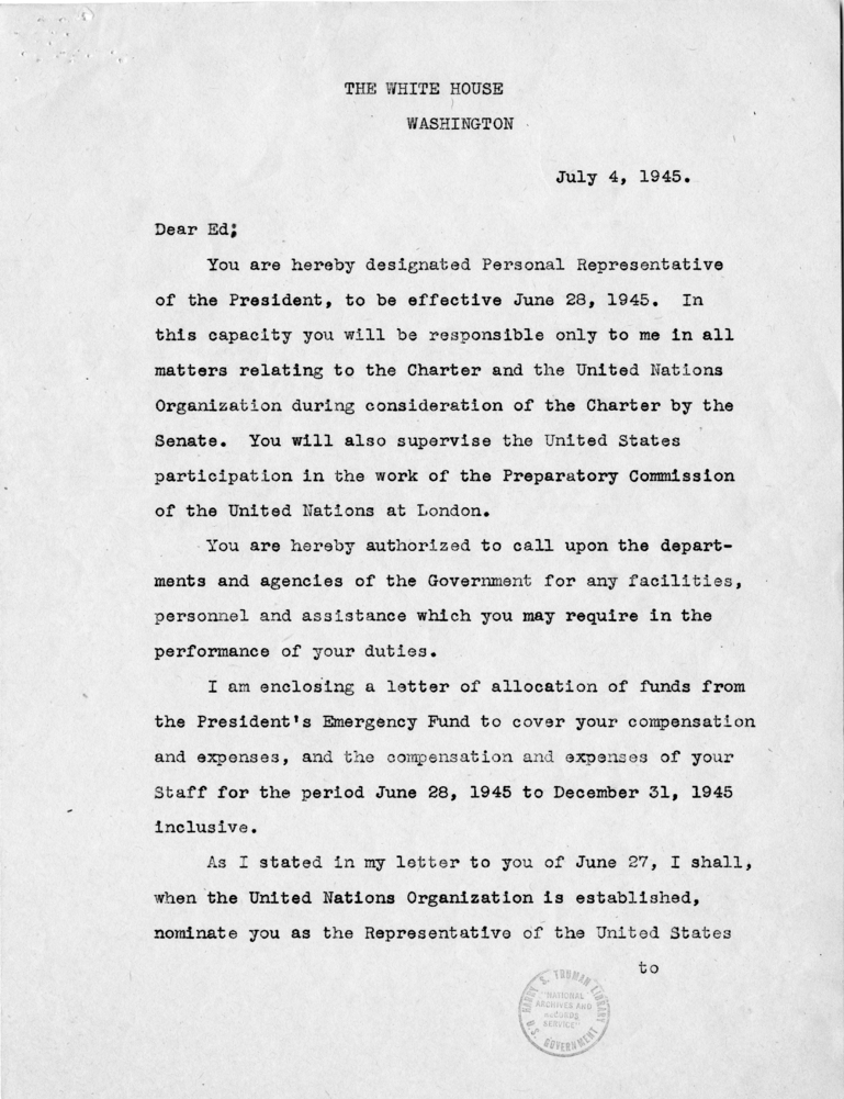 Letter from President Harry S. Truman to Edward Stettinius, Jr., With Related Correspondence