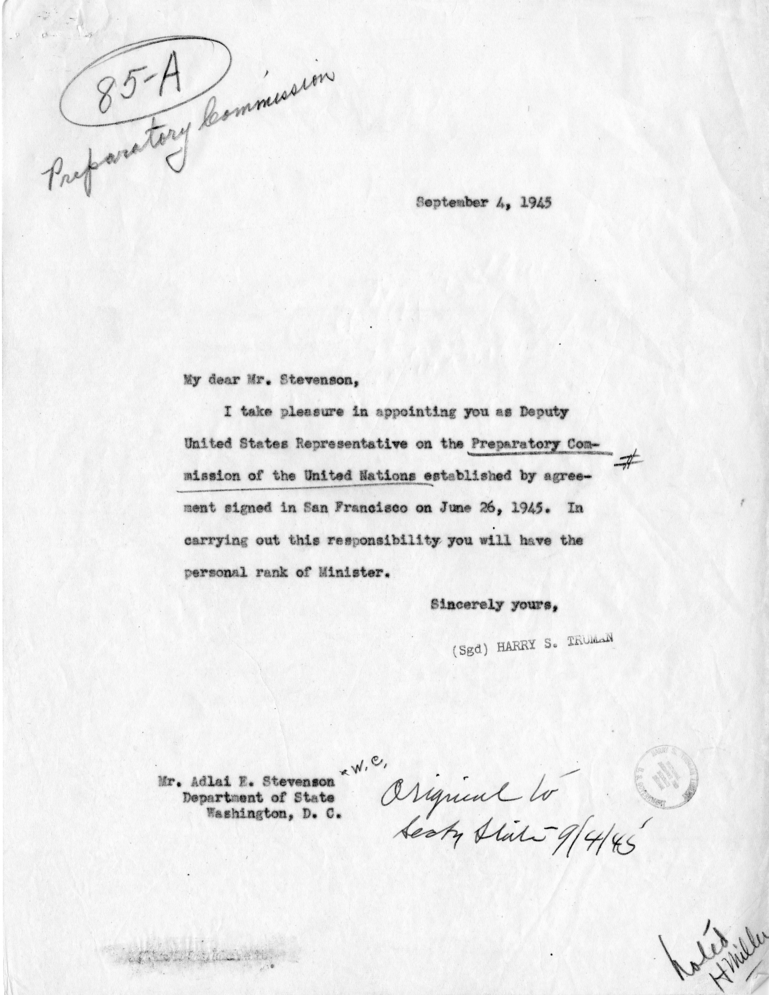 Letter from President Harry S. Truman to Adlai E. Stevenson, With Related Material