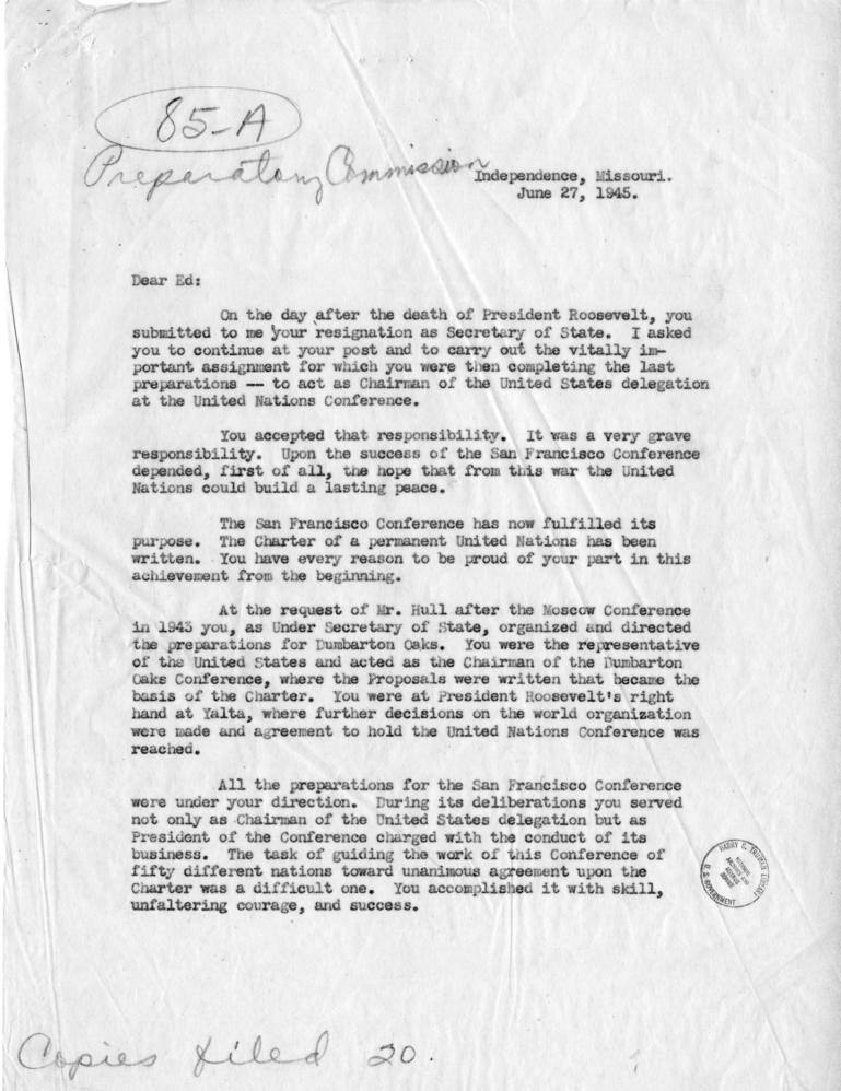 Letter from President Harry S. Truman to Secretary of State Edward R. Stettinius, Jr.