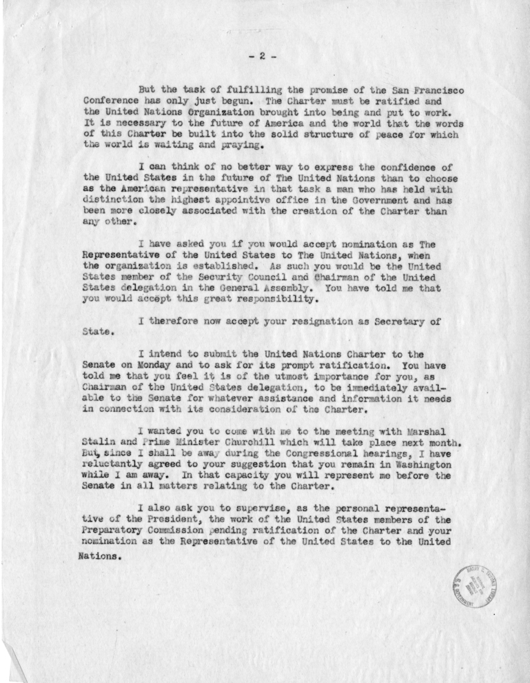 Letter from President Harry S. Truman to Secretary of State Edward R. Stettinius, Jr.