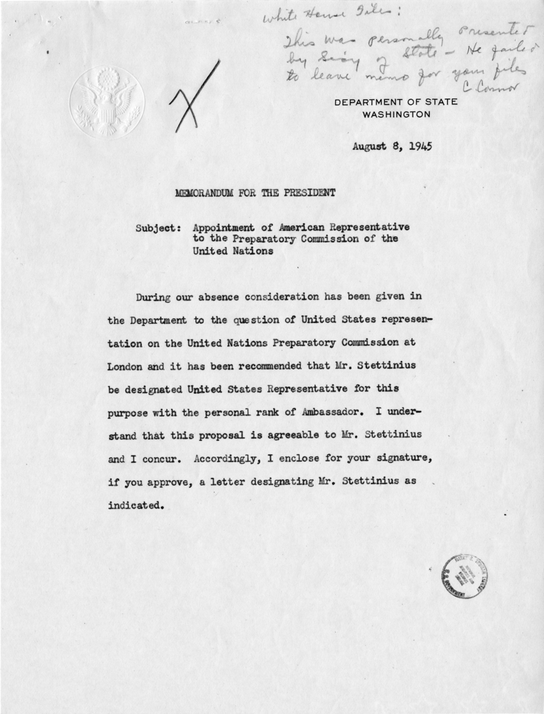 Letter from President Harry S. Truman to Edward R. Stettinius, Jr.