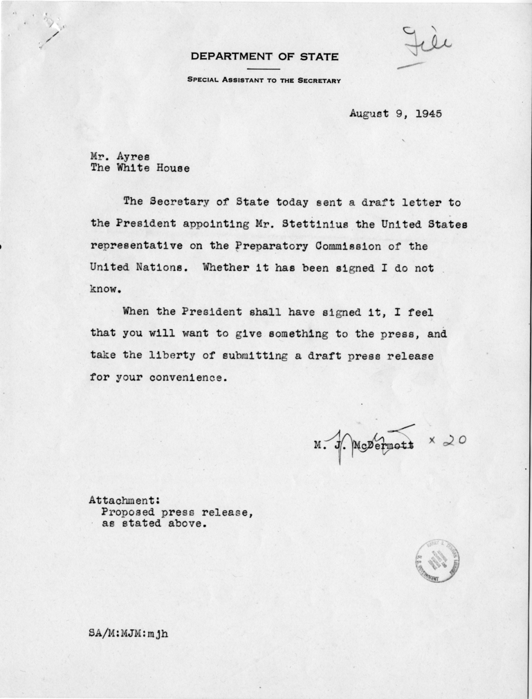 Letter from President Harry S. Truman to Edward R. Stettinius, Jr.