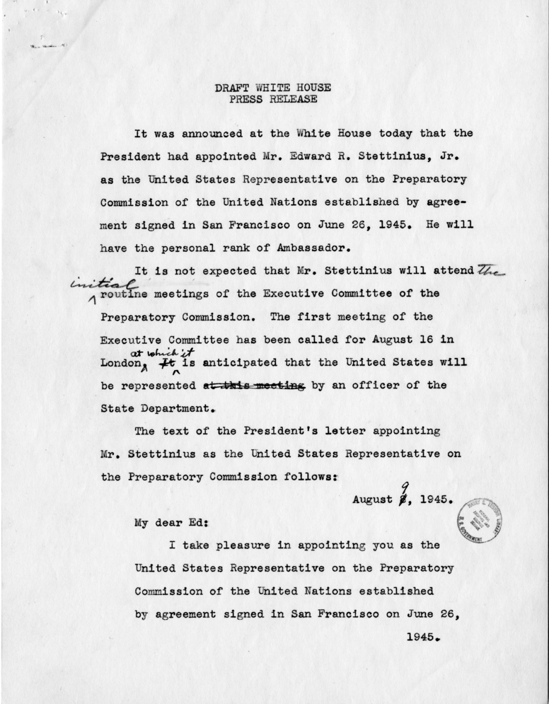 Letter from President Harry S. Truman to Edward R. Stettinius, Jr.