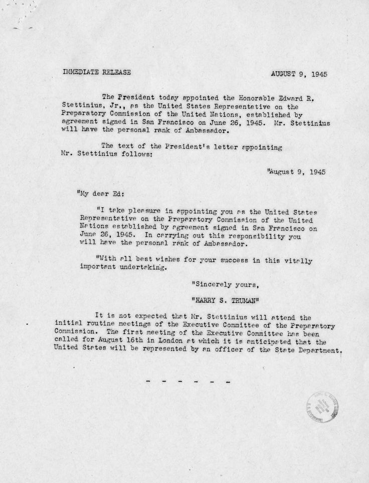 Letter from President Harry S. Truman to Edward R. Stettinius, Jr.