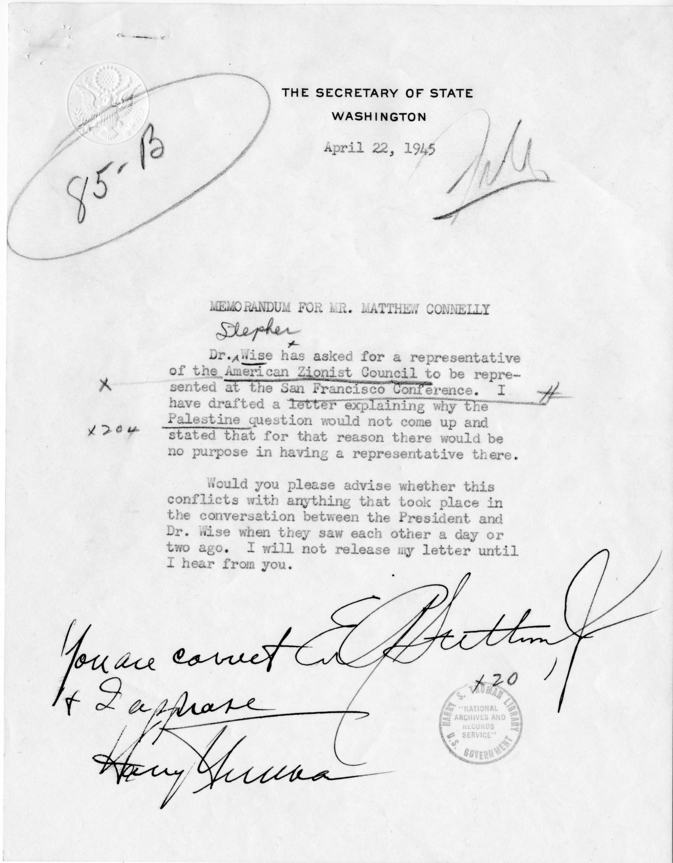 Memorandum from Secretary of State Edward Stettinius to Matthew J. Connelly, With Related Material