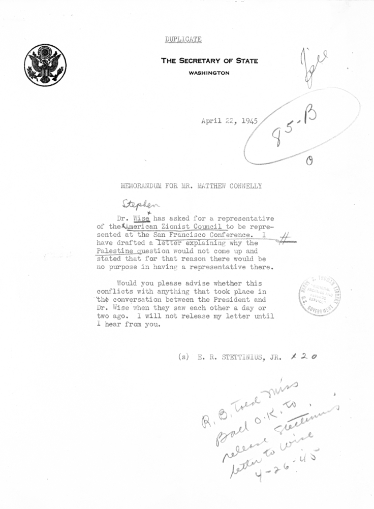 Memorandum from Secretary of State Edward Stettinius to Matthew J. Connelly, With Related Material