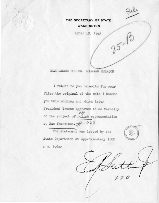 Memorandum from Secretary of State Edward R. Stettinius to Leonard Reinsch With Attachment