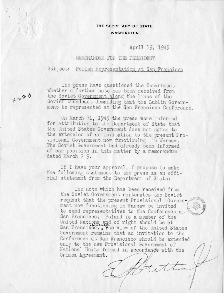 Memorandum from Secretary of State Edward R. Stettinius to Leonard Reinsch With Attachment