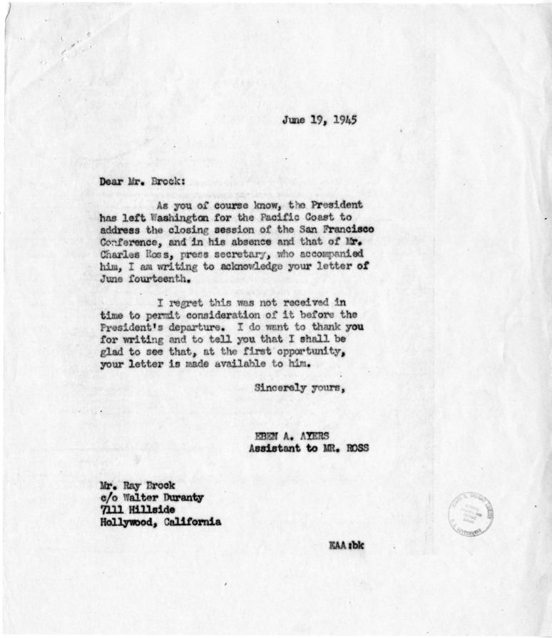Letter from Ray Brook to President Harry S. Truman, With Reply From Eben Ayers