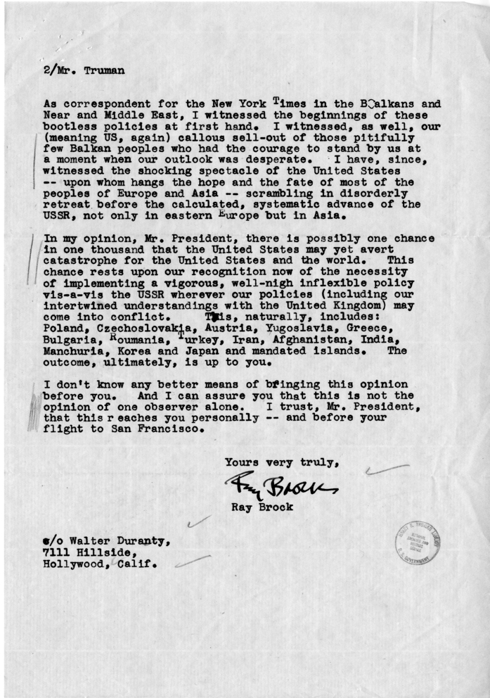 Letter from Ray Brook to President Harry S. Truman, With Reply From Eben Ayers
