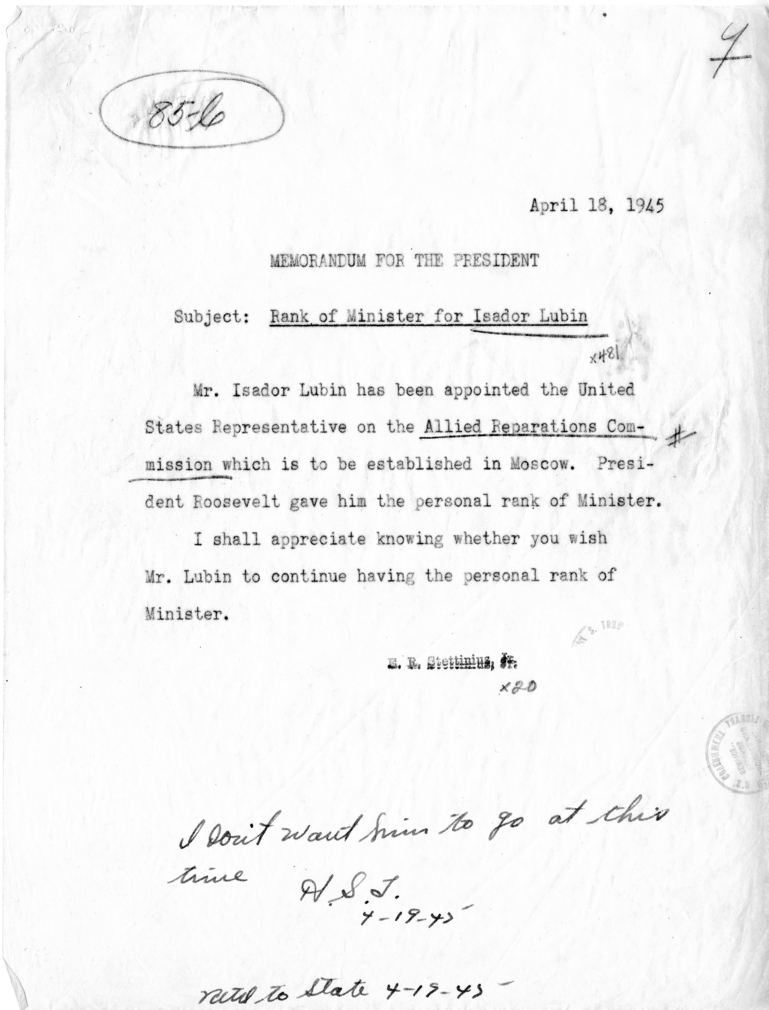 Memorandum from Secretary of State Edward R. Stettinius to President Harry S. Truman