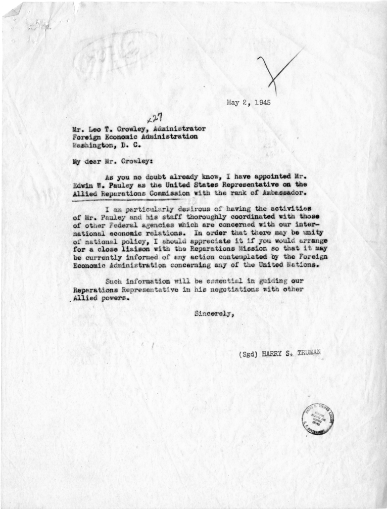 Harry S. Truman to Henry Morgenthau With Related Correspondence