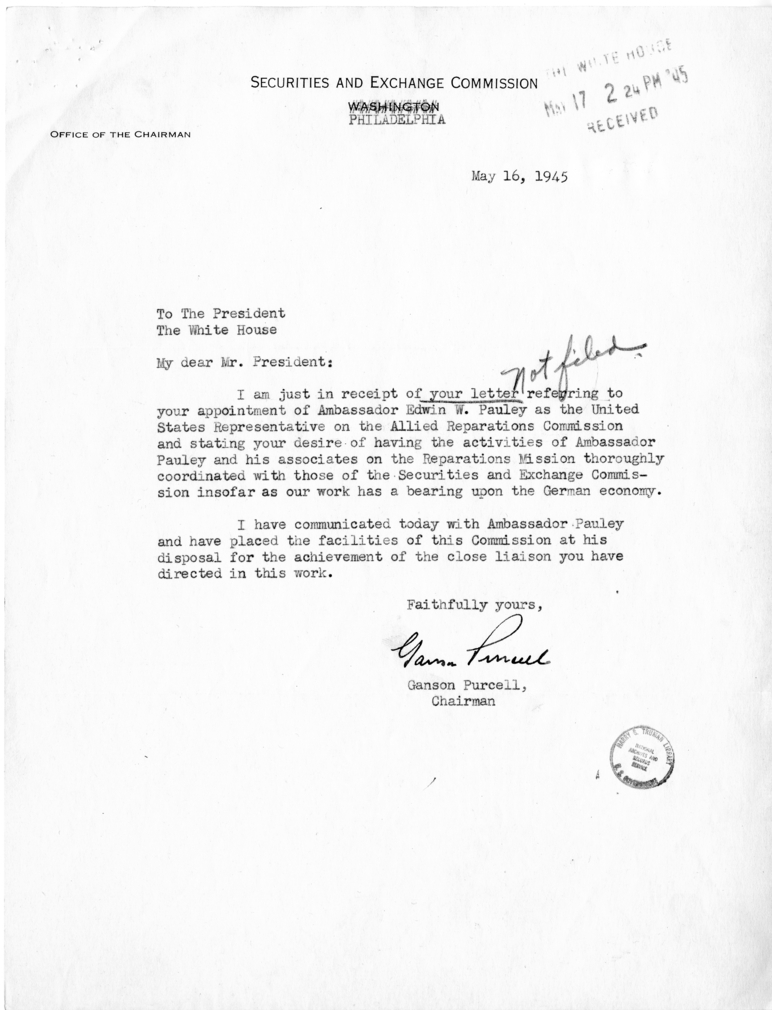 Harry S. Truman to Henry Morgenthau With Related Correspondence