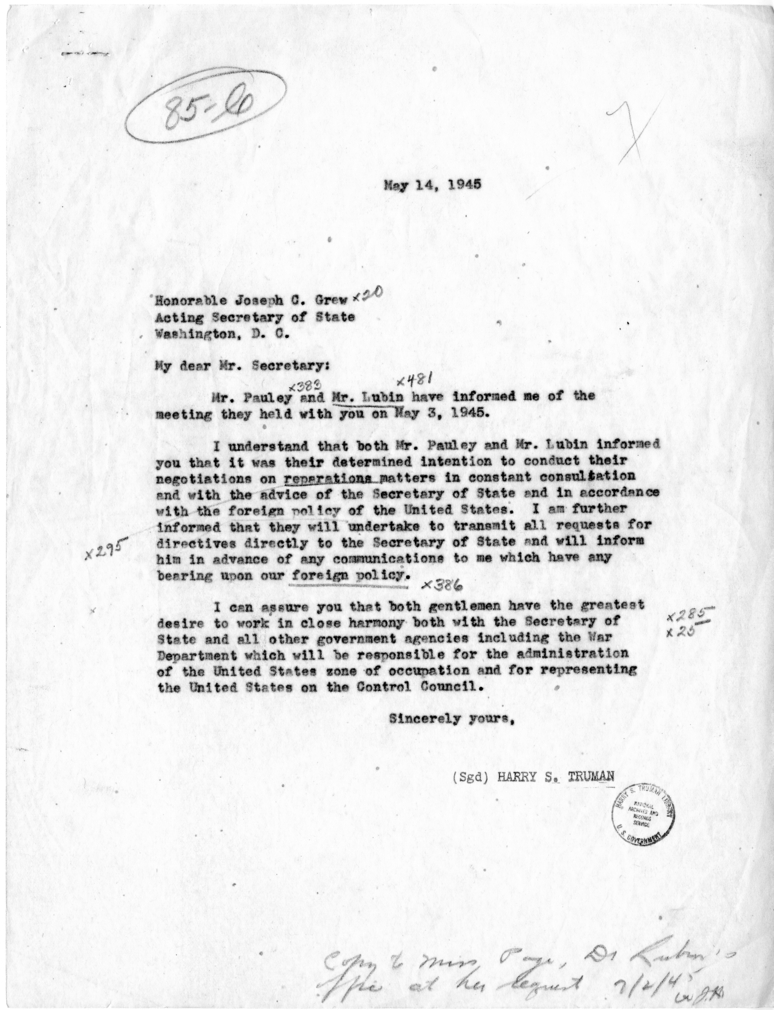 Letter from President Harry S. Truman to Joseph G. Grew