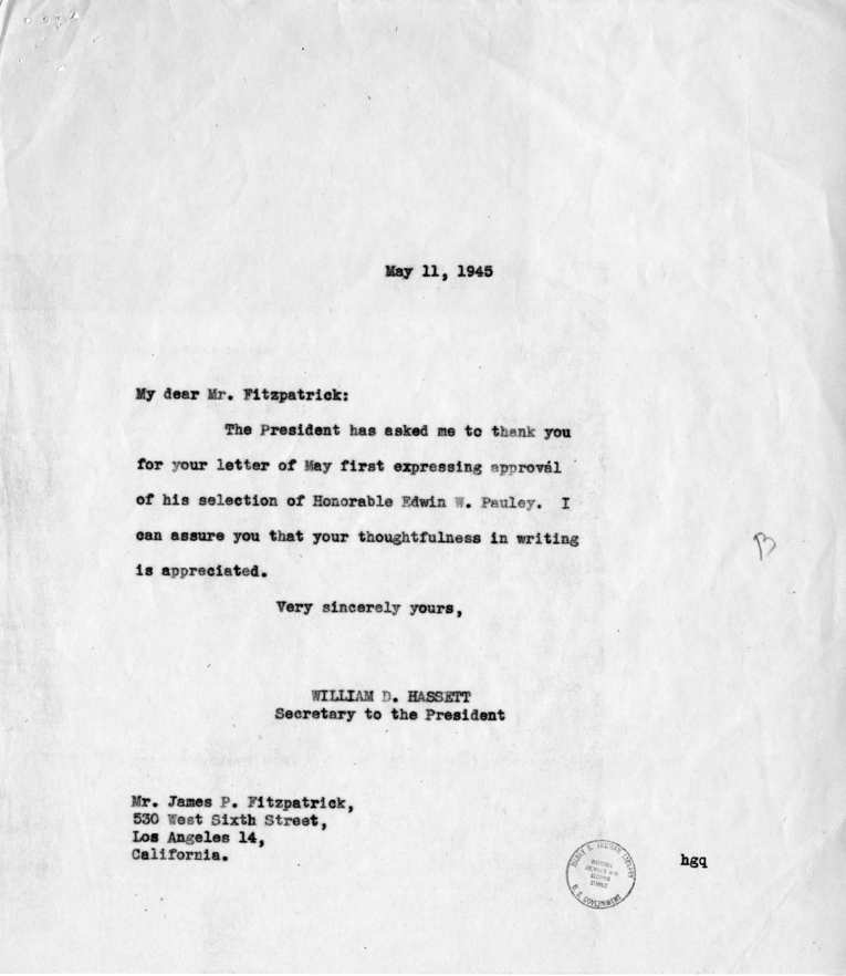 Letter from James P. Fitzpatrick to President Harry S. Truman, With Reply From William Hassett
