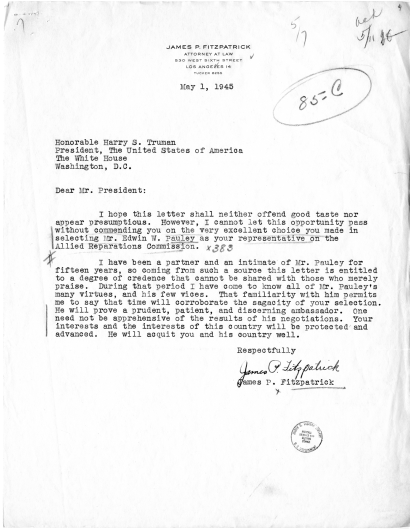 Letter from James P. Fitzpatrick to President Harry S. Truman, With Reply From William Hassett