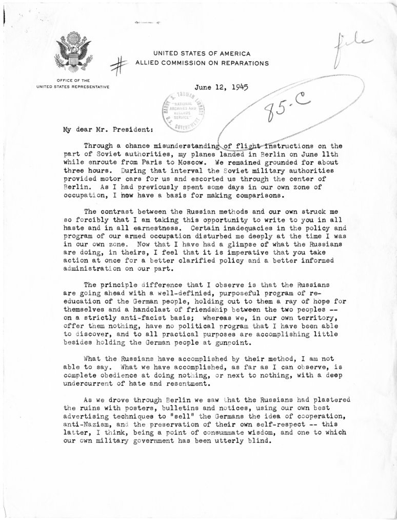 Letter from Edwin W. Pauley to President Harry S. Truman