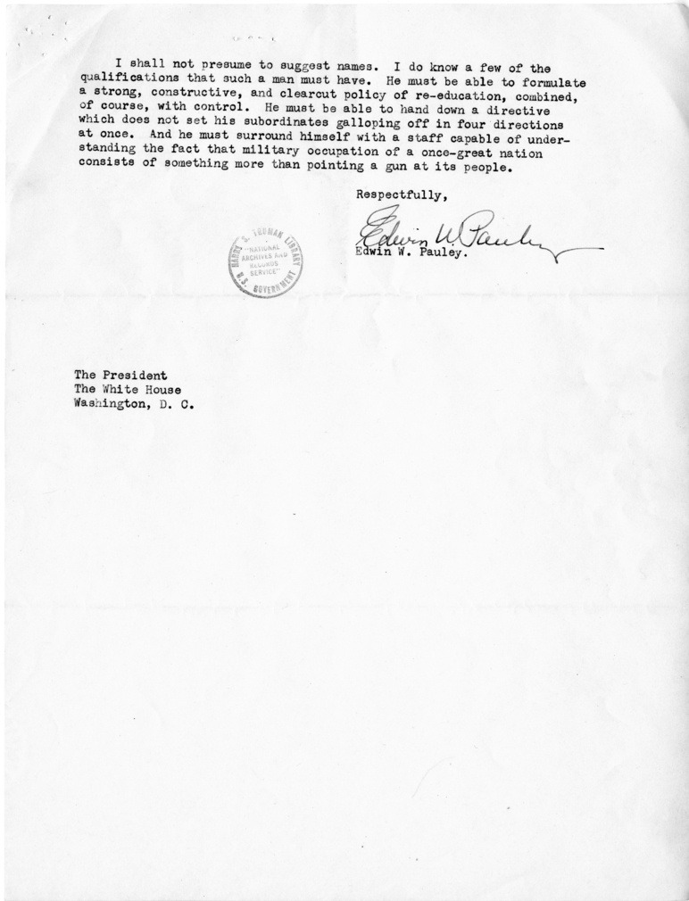 Letter from Edwin W. Pauley to President Harry S. Truman