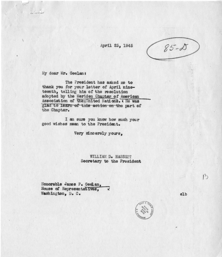 Letter from Representative James P. Geelan to President Truman with Attachment and Reply from William D. Hassett