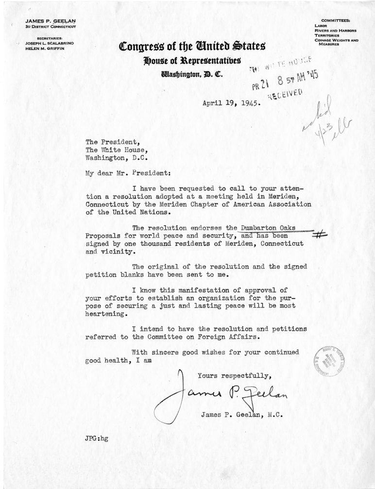 Letter from Representative James P. Geelan to President Truman with Attachment and Reply from William D. Hassett