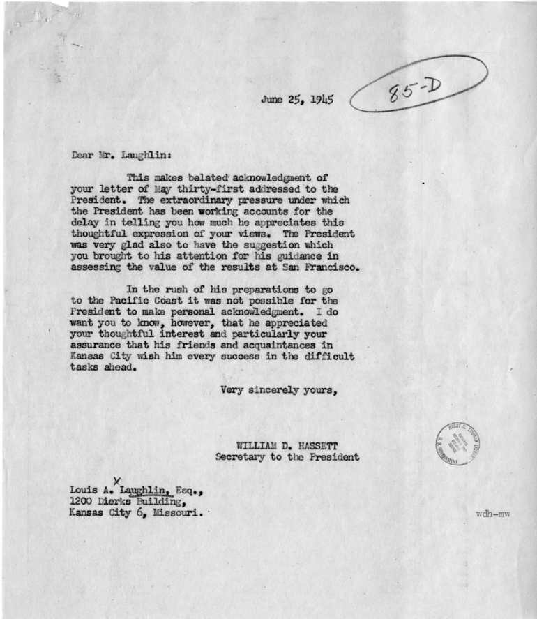 Letter from Louis A. Laughlin to President Harry S. Truman, with Reply From William D. Hassett