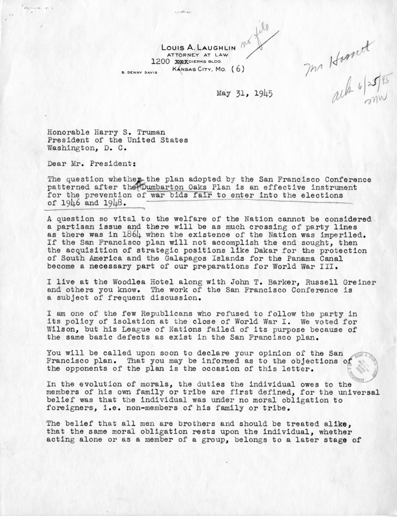 Letter from Louis A. Laughlin to President Harry S. Truman, with Reply From William D. Hassett